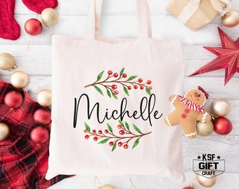 Personalized Christmas Gift Bag, Family Name Christmas Tote Bag, Holiday Gift Bag, Christmas Crew Tote Bag, Custom Name Christmas Gift