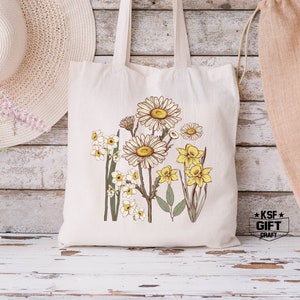 Canvas Tote Bag, Flower Tote Bag, Shopping Bag, Beach Bag, Gift For Women Totes, Birthday Gift Bag, Bridal Gift Tote Bag, Library Bag