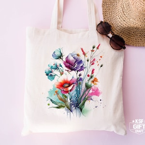 Watercolor Flowers Tote Bags, Bridesmaid Gift, Gift For Women Tote, Teacher Gift Bag, Summer Crew Totes, Wedding Party Gift Bag, Gift Totes
