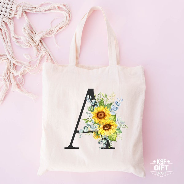 Sunflower Letter Tote Bag, Bridesmaid Tote, Birthday Tote, Personalized Tote Bag, Gift For Her, Bride Tote Bag, Bachelorette Tote, Mom Gift
