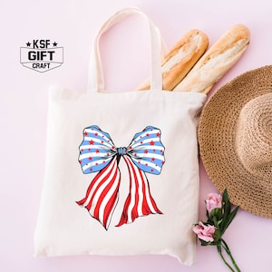 Coquette 4th of July Tote Bag, Independence Day Patriotic Tote Bag, American Flag Tote Bag, Red White and Blue Tote Bags, USA Lover Tote Bag