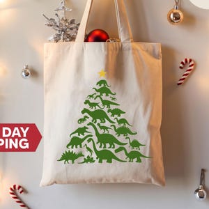Dinosaur Christmas Tree Tote Bag, Christmas Tree Bag, Merry Xmas Totes, Christmas Vibes Totes, Christmas Gift For Kids, Dinosaur Gift Totes