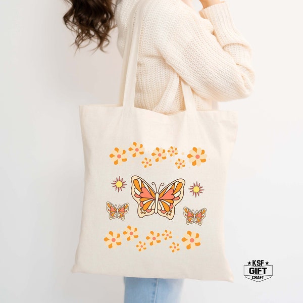Retro Butterfly Tote Bag, Canvas Tote Bags for Women, Butterfly Tote Gift for Her, Summer Tote Bag, Birthday Gift Bag, Shopping Tote
