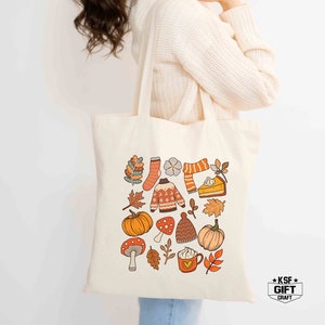 Fall Doodle Tote Bags, Autumn Womens Totes, Womens Tote Bag, Canvas Shopping Bag, Thanksgiving Family Tote Bag, Grocery Bag, Gift Tote