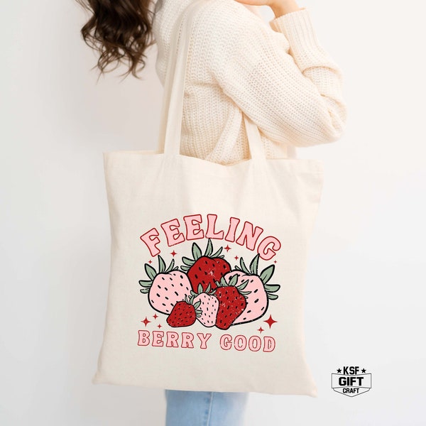 Feeling Berry Good Tote Bag, Retro Strawberry Tote Bag, Farm Tote Bag, Womens Totes, Gift Tote Bag, Grocery Tote Bag, Berry Lover Totes