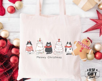 Meowy Christmas Tote Bag, Cute Cats Christmas Tote, Christmas Gift Bag, Holiday Gift Tote Bags, Cat Lover Tote Bag, Christmas Party Gift