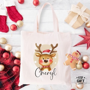 Custom Name Christmas Tote Bag, Christmas Deer Kids Gift Bag, Christmas Present Tote Bag, Christmas Family Gift Tote Bag, Holiday Gift Totes