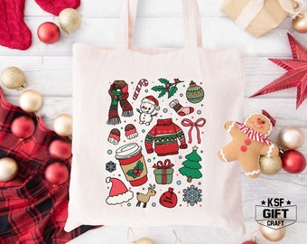Christmas Doodle Tote Bag, Holiday Present Sack