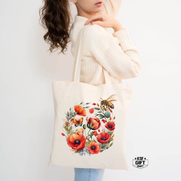 Sac fourre-tout fleur de coquelicot, fourre-tout fleurs sauvages, sac fourre-tout en toile, sac à provisions, cadeau pour femmes fourre-tout, sac cadeau d'anniversaire, fourre-tout Aesthetich