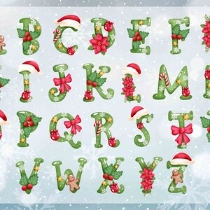May include: A Christmas alphabet with each letter decorated with festive elements such as holly, candy canes, snowflakes, and gingerbread men. The letters are green and outlined in white, with red accents.