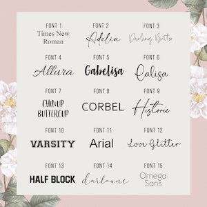 May include: A chart with 15 different fonts displayed in black text on a pink background. The fonts are labeled with their names and font numbers. The fonts include Times New Roman, Adelia, Darling Butter, Allura, Gabelisa, Calisa, Chinup Buttercup, Corbel, Historic, Varsity, Arial, Love Glitter, Half Block, darlaune, and Omega Sans.