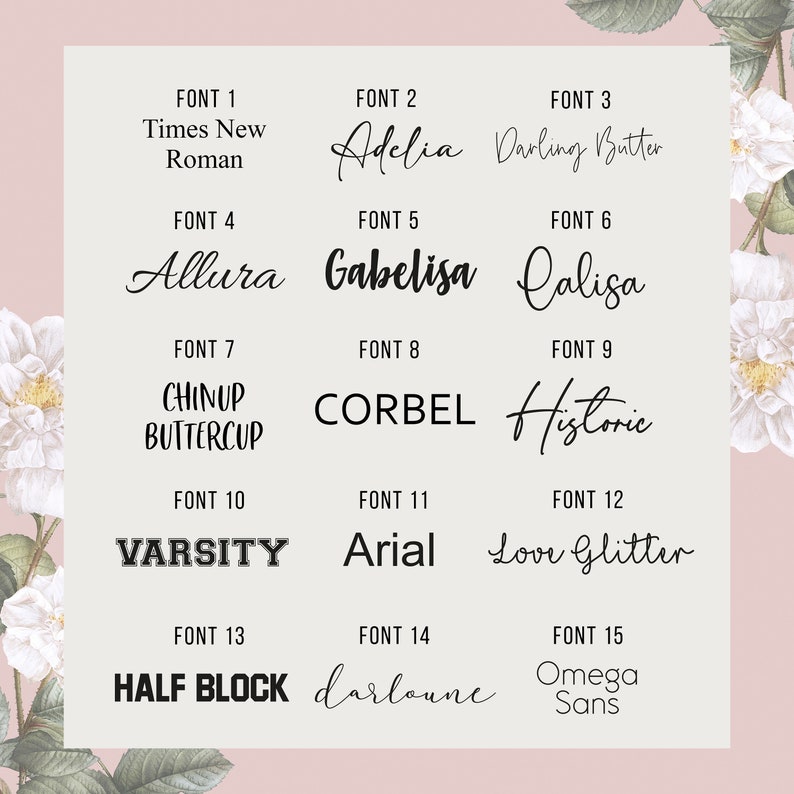 May include: A chart with 15 different fonts displayed in black text on a pink background. The fonts are labeled with their names and font numbers. The fonts include Times New Roman, Adelia, Darling Butter, Allura, Gabelisa, Calisa, Chinup Buttercup, Corbel, Historic, Varsity, Arial, Love Glitter, Half Block, darlaune, and Omega Sans.