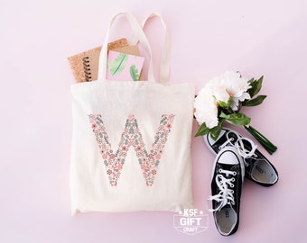Floral Initial Letter Tote Bag, Personalized Letter Gift