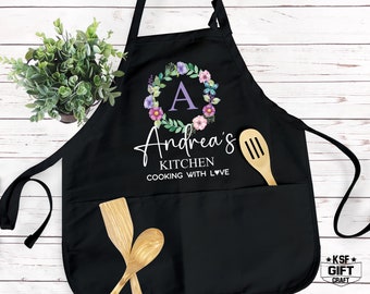 Custom Initial Apron, Baking Aprons, Personalized Apron For Women, Baking Gift, Flowers Apron, Cooking Gift for Her, Mothers Day Gift,