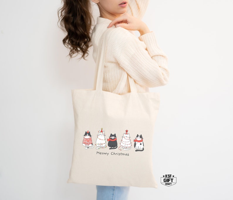 Meowy Christmas Cat Lover Tote Bag, Holiday Gift - Etsy