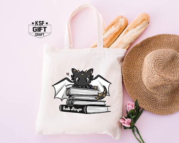 Book Dragon Canvas Tote Bag, Fantasy Reader Gift