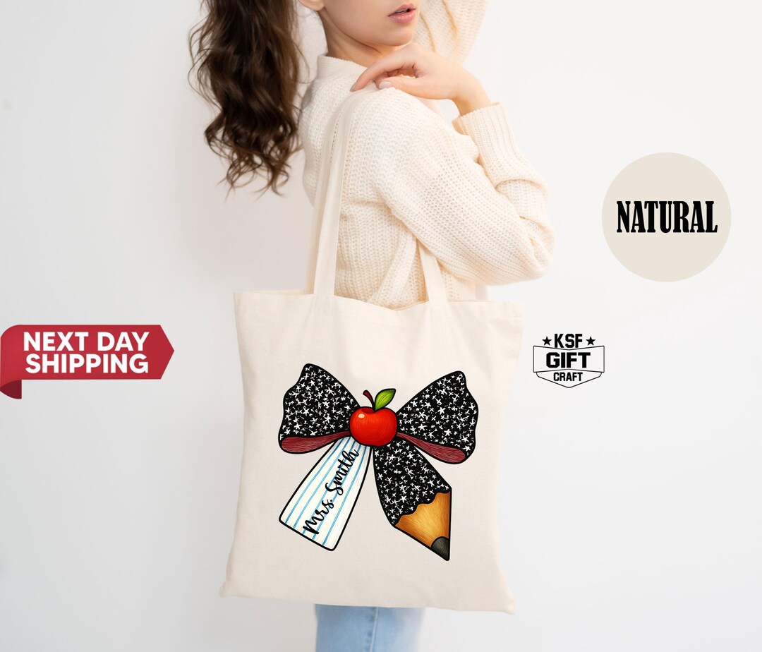 Custom Teacher Coquette Tote Bag, Pencil Name Gift, Personalized Name ...
