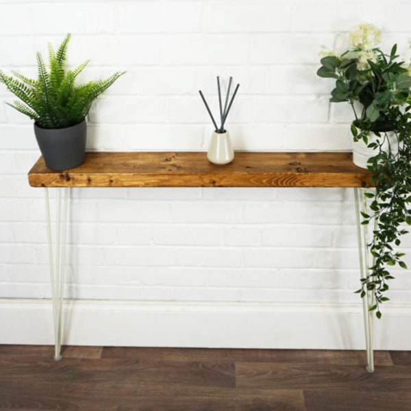 Rustic Radiator Console Slimline Table With White Hair Pin Legs | Reclaimed Treated Timber Style | Solid Wood Furniture | 14.4CM X 4.4CM