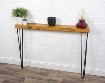 Industrial Radiator Console Slimline Table With Hair Pin Legs | Reclaimed Treated Timber Style | Solid Wood Furniture | 14.4CM X 4.4CM