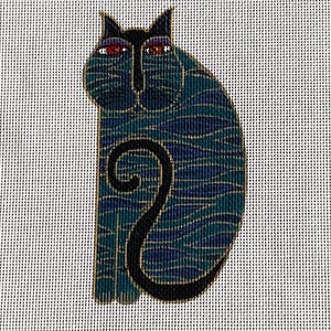 May include: A teal and blue cat illustration on canvas. The cat has a black head, tail, and outlines, with red eyes. The cat is seated with a curled tail. The canvas has a grid-like texture. The image is signed.