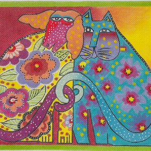 May include: A vibrant needlepoint canvas depicting a dog and a cat in an embrace. The dog is orange and pink, and the cat is blue, both decorated with floral designs. The background fades from red to yellow.