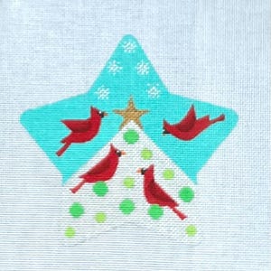May include: A hand-painted canvas featuring a turquoise star shape with a gold star in the center. Four red cardinal birds are depicted, along with green polka dots and white snowflakes. The background is a light blue.