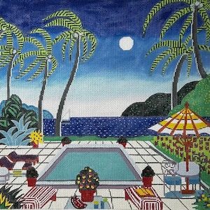 May include: A painting of a tropical scene with a swimming pool, palm trees, and a view of the ocean. The pool is surrounded by a white tiled patio and there are two lounge chairs with red and white striped cushions. The palm trees have green and yellow leaves and there is a full moon in the sky.