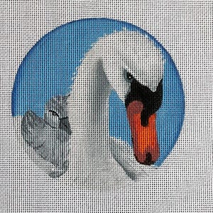 Könnte beinhalten: Eine Stickvorlage mit einem weißen Schwan mit schwarz-orangem Schnabel vor einem einfarbigen blauen kreisförmigen Hintergrund. Ein kleiner grauer Schwan ist in der Nähe des Halses zu sehen, alles auf einem weißen Gittergewebe.