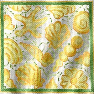 May include: Square needlepoint canvas featuring a repeating pattern of yellow seashells and starfish on a white background. The design is framed by a green border. The canvas is suitable for creating decorative items.
