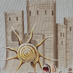 May include: A needlepoint canvas depicting a seashell with a spiral pattern and a castle in the background. The seashell is a light yellow color with a white center. The castle is a light brown color with white windows. The background is a light gray color.