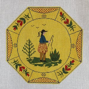 May include: An octagonal needlepoint canvas featuring a yellow background with a central figure fishing near a tree and bush. The border displays red and green floral motifs and geometric patterns. The design includes small birds in the sky.