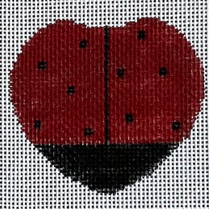 May include: A needlepoint design of a ladybug. The ladybug is red with black spots and a black lower section. The background is a white, grid-like pattern.