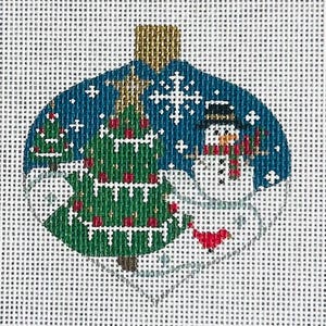 May include: A hand-stitched Christmas bauble with a festive design. The bauble features a green Christmas tree, a snowman with a red scarf, and snowflakes against a blue background. The top has a gold-coloured cap.