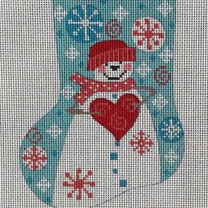May include: A Christmas stocking needlepoint design featuring a snowman with a red hat, scarf, and heart. The snowman is set against a white background with blue and red snowflakes and a teal border.