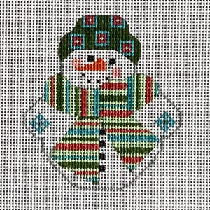 May include: A needlepoint snowman design with a green hat and scarf, featuring red, blue, and green stripes. The snowman has a carrot nose and black button eyes and mouth. The design includes blue diamond shapes on the sides.