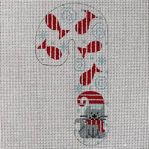 May include: Needlepoint canvas with a candy cane design. The candy cane is decorated with red fish and a snowman wearing a red and white striped hat and scarf. The canvas has a grid pattern and the text "DANJI:CH-241".