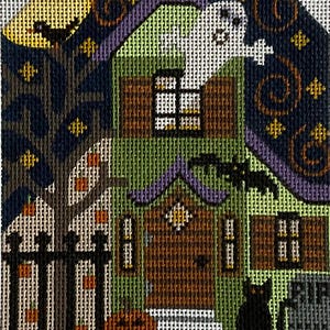 May include: A Halloween needlepoint design depicting a haunted house with a ghost, bat, and black cat. The house is green with a brown door and purple details. A full moon and tree are in the background. A pumpkin sits on the steps.