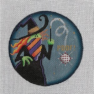 May include: A round needlepoint design featuring a witch in a black hat and robe, holding a wand. The witch has orange, green, and purple hair. The word "POOF!" is written in white, with a red and white starburst.