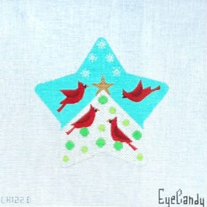 May include: A hand-painted canvas featuring a turquoise star shape with a gold star at the top. Four red cardinal birds are depicted around a white Christmas tree shape with green polka dots. The background is a light blue.