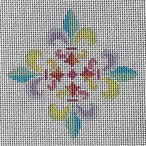 May include: A needlepoint canvas featuring a symmetrical, cross-shaped design stitched in vibrant colors. The pattern includes teal, yellow, purple, and magenta threads arranged in a repeating motif on a white, grid-like fabric mesh background.