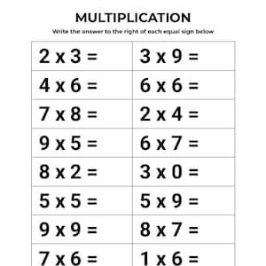 Op de afbeelding: Een wit werkblad met de titel "MULTIPLICATIE" en vermenigvuldigingsproblemen. Het werkblad bevat problemen zoals 2 x 3 =, 4 x 6 =, en 7 x 8 =. De instructies vragen om het antwoord rechts van elk gelijkteken te schrijven.