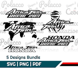 Pode incluir: Um pacote digital de cinco designs gráficos pretos com o logótipo da Honda Africa Twin, incluindo variações com o texto Adventure Sports, uma silhueta de mapa-múndi e um ícone de capacete estilizado, em formatos SVG, PNG e PDF.