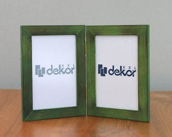 Pastel color double wood frame, Opening picture frames for desk, 6x6 green picture frame for new office gifts, Twin photo frame