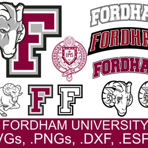 May include: A set of digital cut files for crafting projects featuring the Fordham University logo, including a ram mascot, the letter "F", and the words "Fordham University". The files are available in SVG, PNG, DXF, and EPS formats.