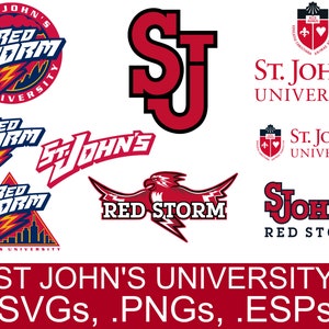 May include: A collection of logos for St. John's University, including the Red Storm mascot, the university's name, and the initials "SJ". The logos are in red, white, and blue.