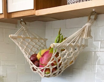 Fruit Veggie Hammock Macrame, Hanging Fruit Basket, Under Cabinet Hammock, Kitchen Counter Space Saver, Boho Kitchen Storage, Gift For Mom