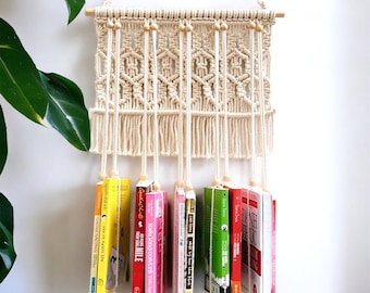 Macrame Hanging Bookshelf: Boho Wall Decor, Book Storage Organizer