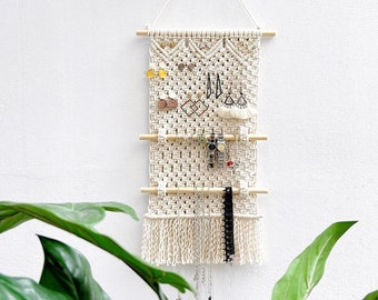 Macrame Earrings Holder, Macrame Jewelry Display, Handmade Jewelry Storage, Tapestry Hanging Necklace Boho Style, Mothers Day Gift