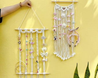 Macramé boog houder, hoofdband houder, macramé boog organisator, haarelastiekje houder, kinderkamer muur decor, boho kinderen muur decor, babymeisje cadeau