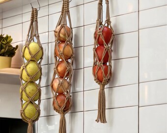 2 Paniers Suspendus En Macramé Coton - Style Bohème Scandinave Avec Pompons - Idéal Pour Fruits, Légumes, Décoration Murale Cuisine - 6